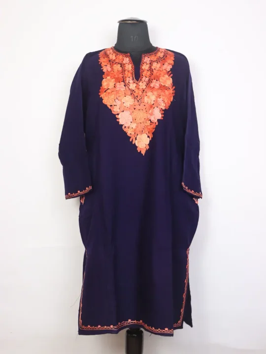 Bumbro Blue Kashmiri Cashmilon Wool Pheran For Women With Aari work
