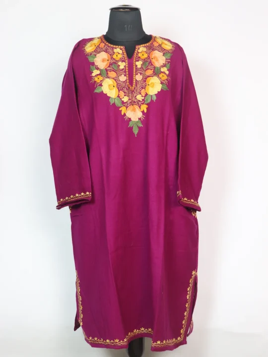 Sehreen Purple Pheran Kashmiri Cashmilion Wool Aari Embroidery