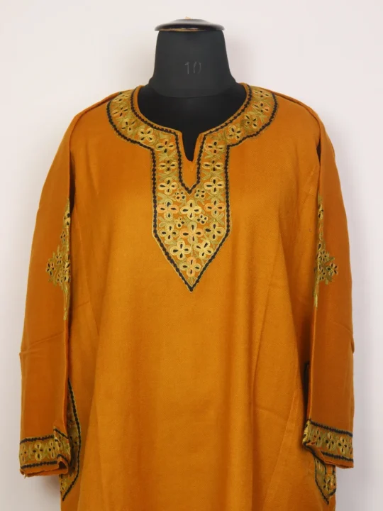 Mansoor Mustard Kashmiri Cashmilon Wool Womens Aari Work Pheran - Image 2