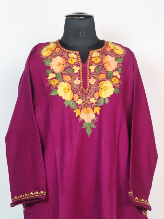 Sehreen Purple Pheran Kashmiri Cashmilion Wool Aari Embroidery - Image 2