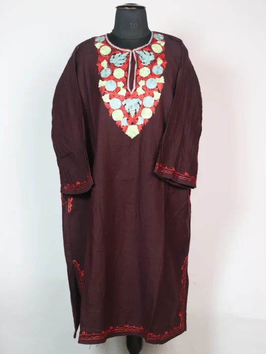 Wine Kashmiri Pheran Made With Cashmilon Wool Aari Kadhai Sobu