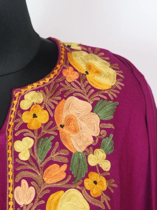 Sehreen Purple Pheran Kashmiri Cashmilion Wool Aari Embroidery - Image 3