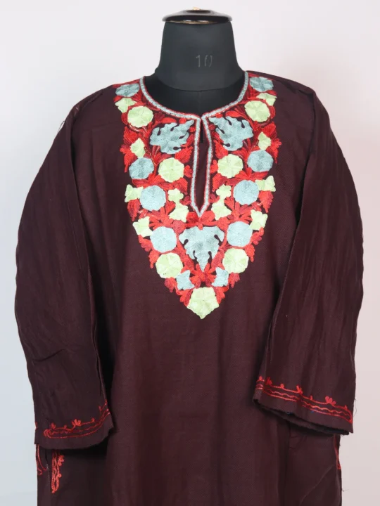 Wine Kashmiri Pheran Made With Cashmilon Wool Aari Kadhai Sobu - Image 2