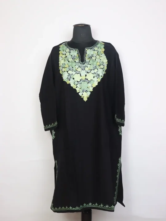 Kashmiri Kajal Black Cashmilon Wool Pheran For Women With Aari Embroidery