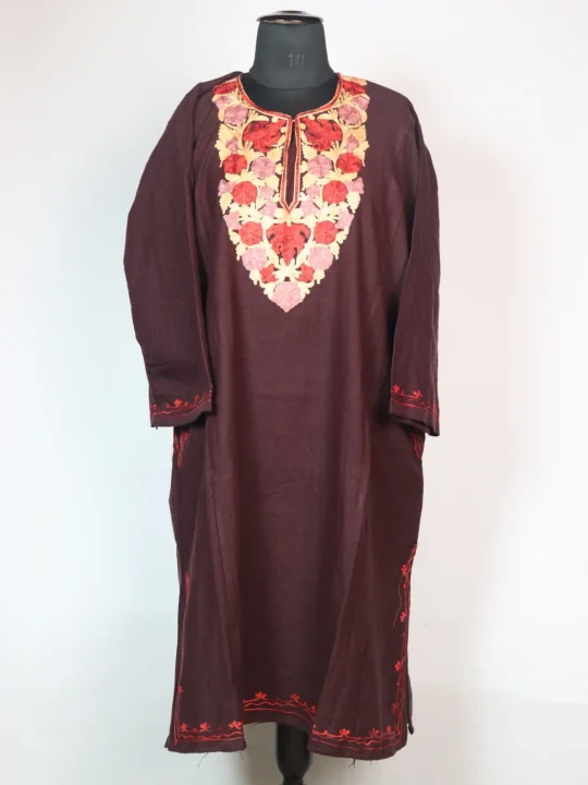 Wine Kashmiri Cashmilon Wool Pheran With Aari Kadhai Sumaira