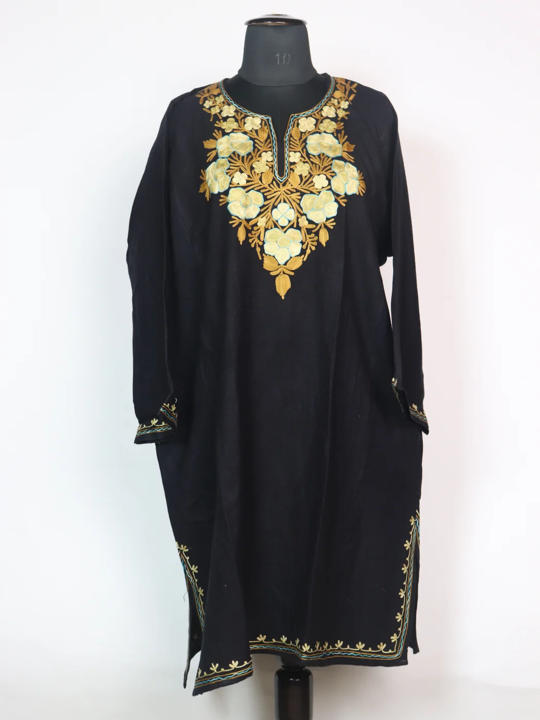 Black Kashmiri Pheran Cashmilion Wool Aari Kadhai Sadiya