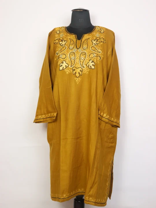 Afzal Yellow Kashmiri Cashmilon Wool Pheran For Women With Aari Kadhai