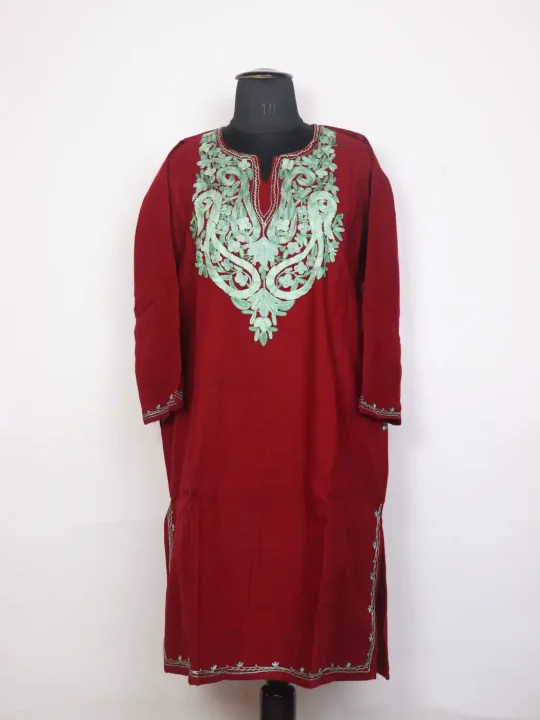 Gulnaar Deep Red Kashmiri Cashmilon Wool Pheran For Women with Aari work