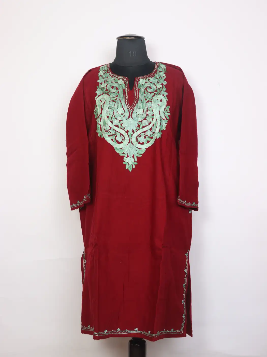 Gulnaar Deep Red Kashmiri Cashmilon Wool Pheran For Women with Aari work