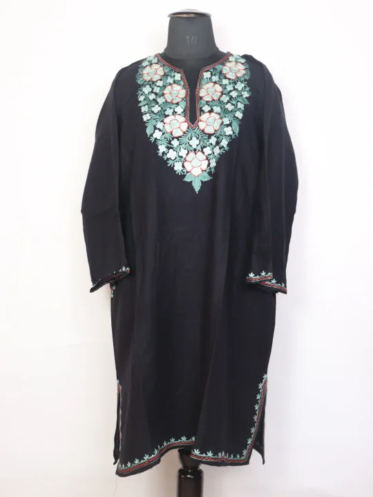 Sakoon Black Kashmiri Cashmilon Wool Pheran For Women With Aari Kadhai