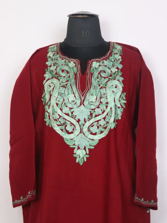 Gulnaar Deep Red Kashmiri Cashmilon Wool Pheran For Women with Aari work - Image 2