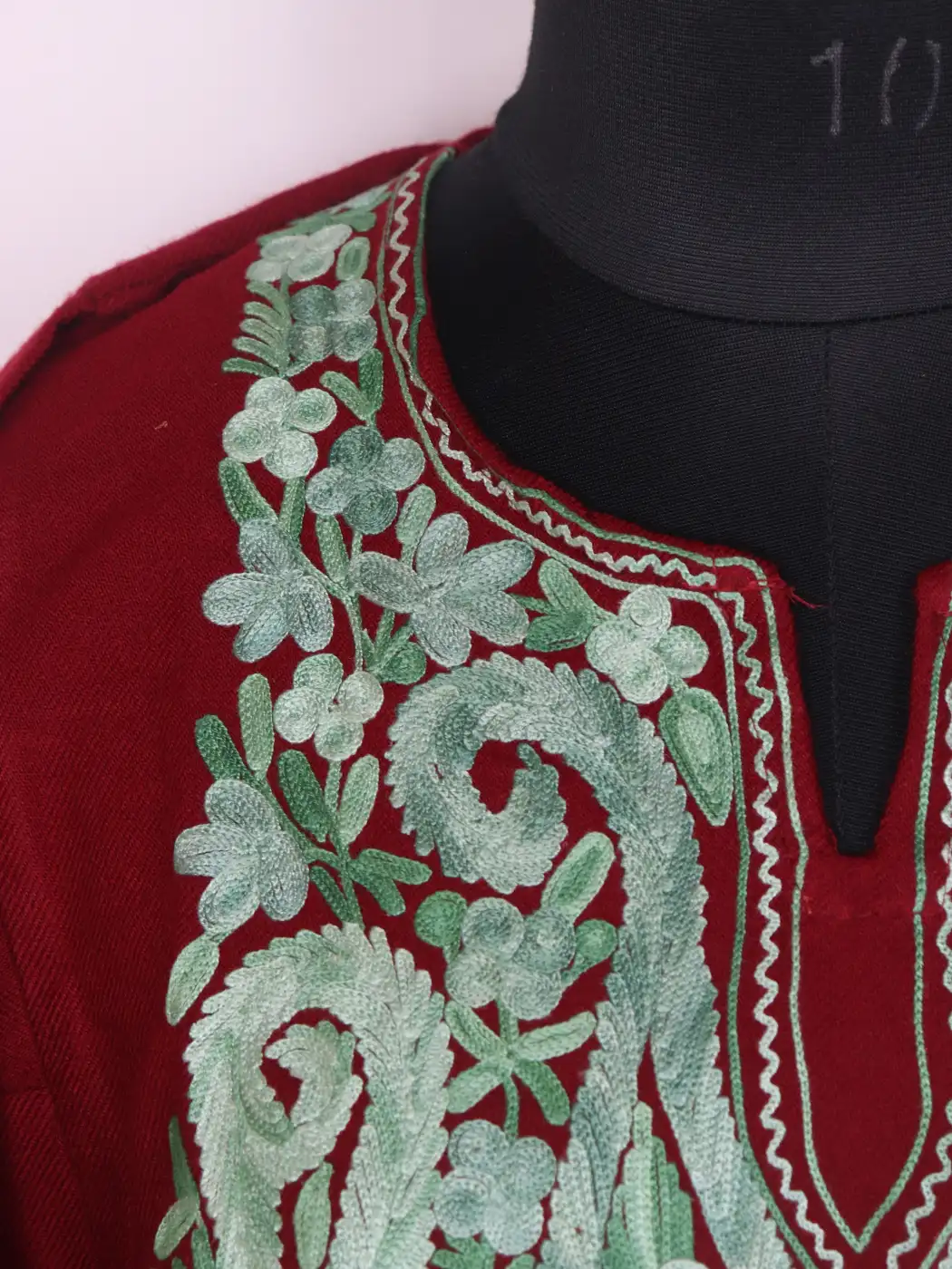 Gulnaar Deep Red Kashmiri Cashmilon Wool Pheran For Women with Aari work - Image 3