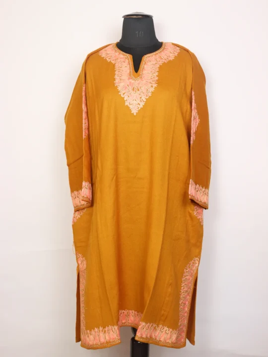 Areeba Yellow Kashmiri Cashmilon Wool Pheran For Women With Aari And Zari Embroidery