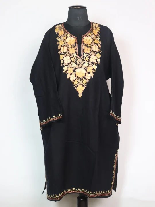 Black Sidra Kashmiri Pheran Cashmilion Wool Aari Embroidery