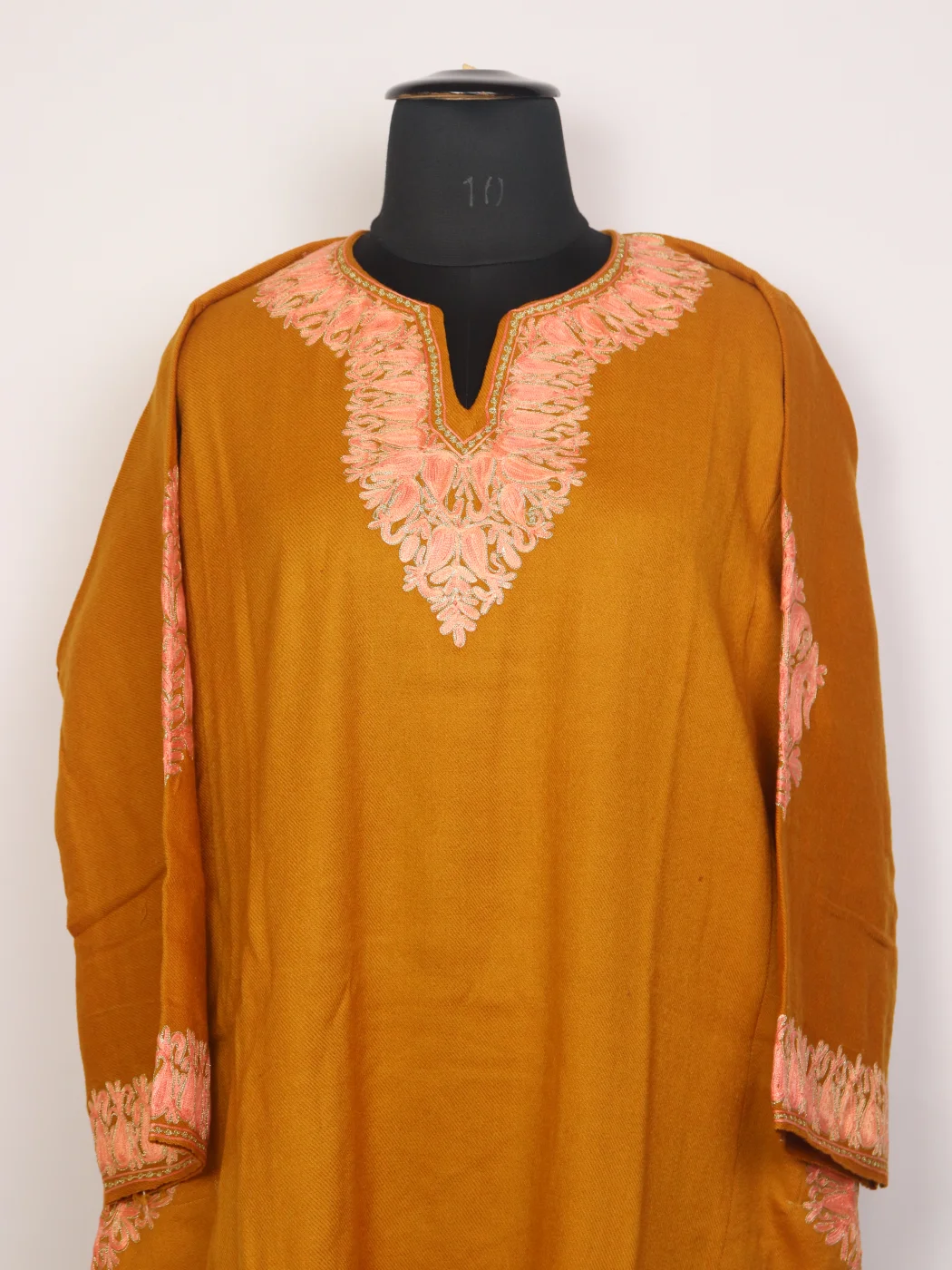 Areeba Yellow Kashmiri Cashmilon Wool Pheran For Women With Aari And Zari Embroidery - Image 2