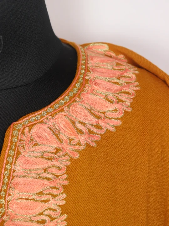 Areeba Yellow Kashmiri Cashmilon Wool Pheran For Women With Aari And Zari Embroidery - Image 3