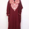 Mansha Maroon Kashmiri Cashmilon Wool Pheran For Women With Aari Kadhai