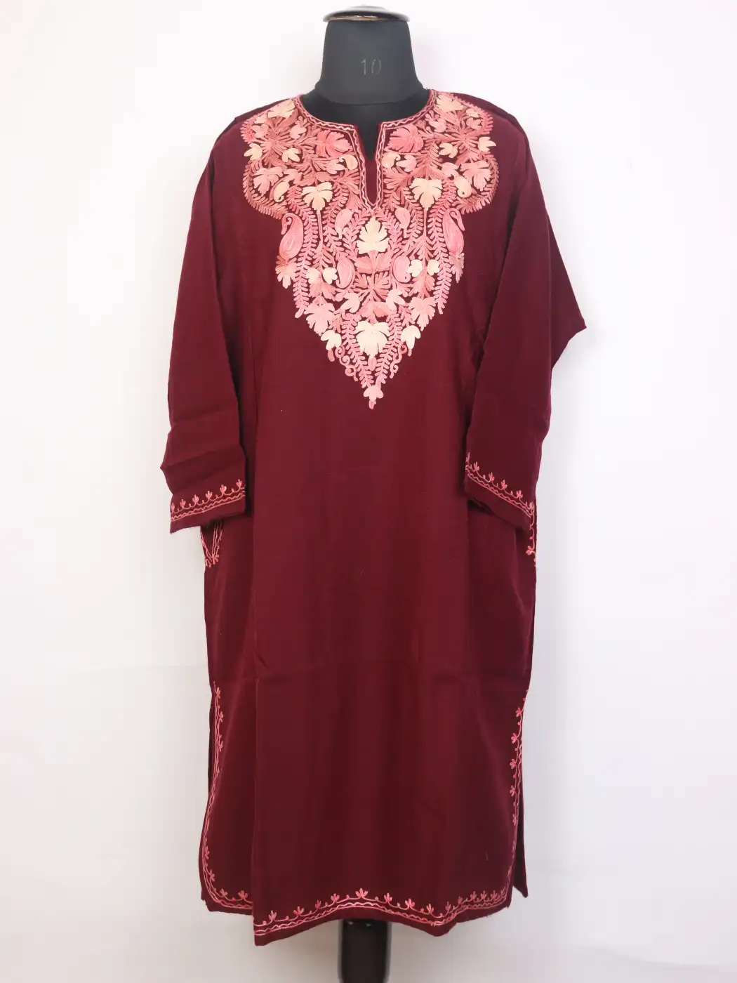 Mansha Maroon Kashmiri Cashmilon Wool Pheran For Women With Aari Kadhai