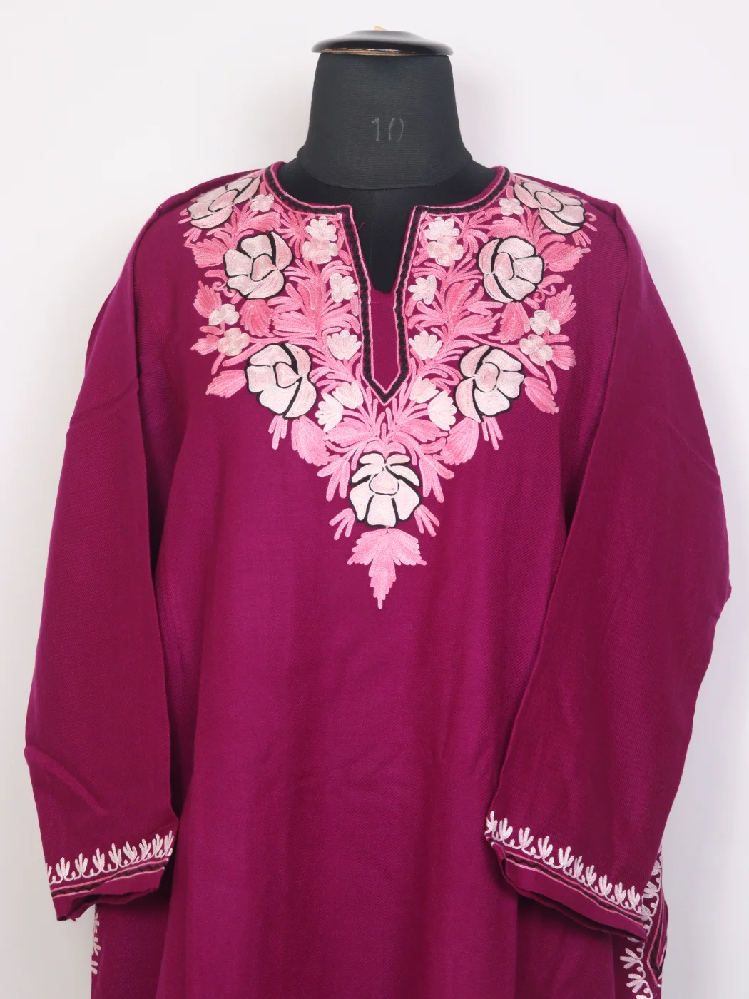 Sumaira Pink Kashmiri Cashmilon Wool Pheran For Women With Aari Work - Image 2