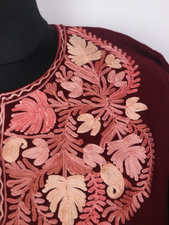 Mansha Maroon Kashmiri Cashmilon Wool Pheran For Women With Aari Kadhai - Image 3
