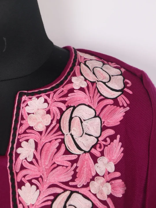 Sumaira Pink Kashmiri Cashmilon Wool Pheran For Women With Aari Work - Image 3