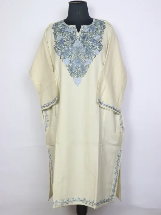 Nayaab Cream Kashmiri Cashmilon Wool Pheran For Women With Aari Kadhai
