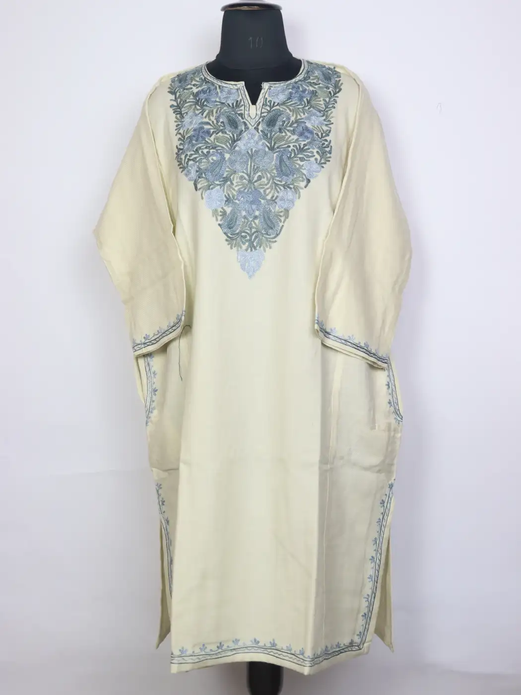 Nayaab Cream Kashmiri Cashmilon Wool Pheran For Women With Aari Kadhai