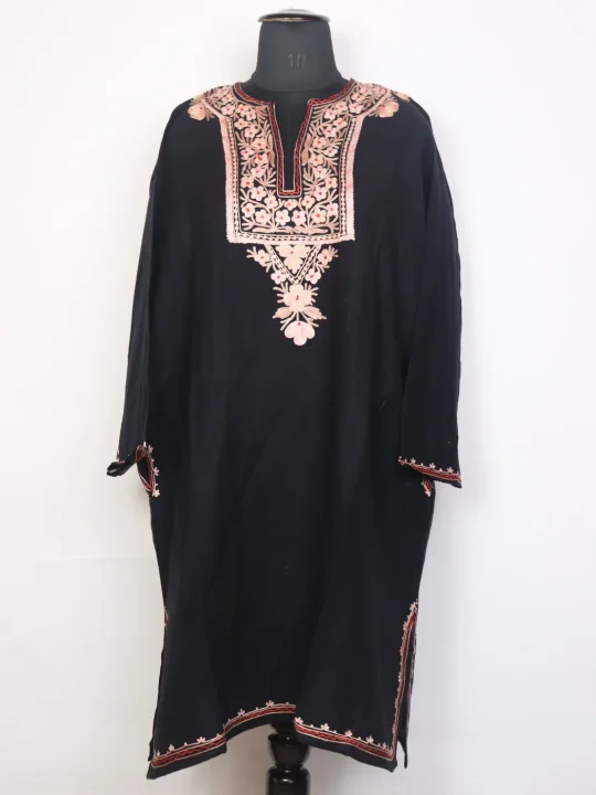 Nusrat Black Kashmiri Cashmilon Wool Pheran With Aari Embroidery