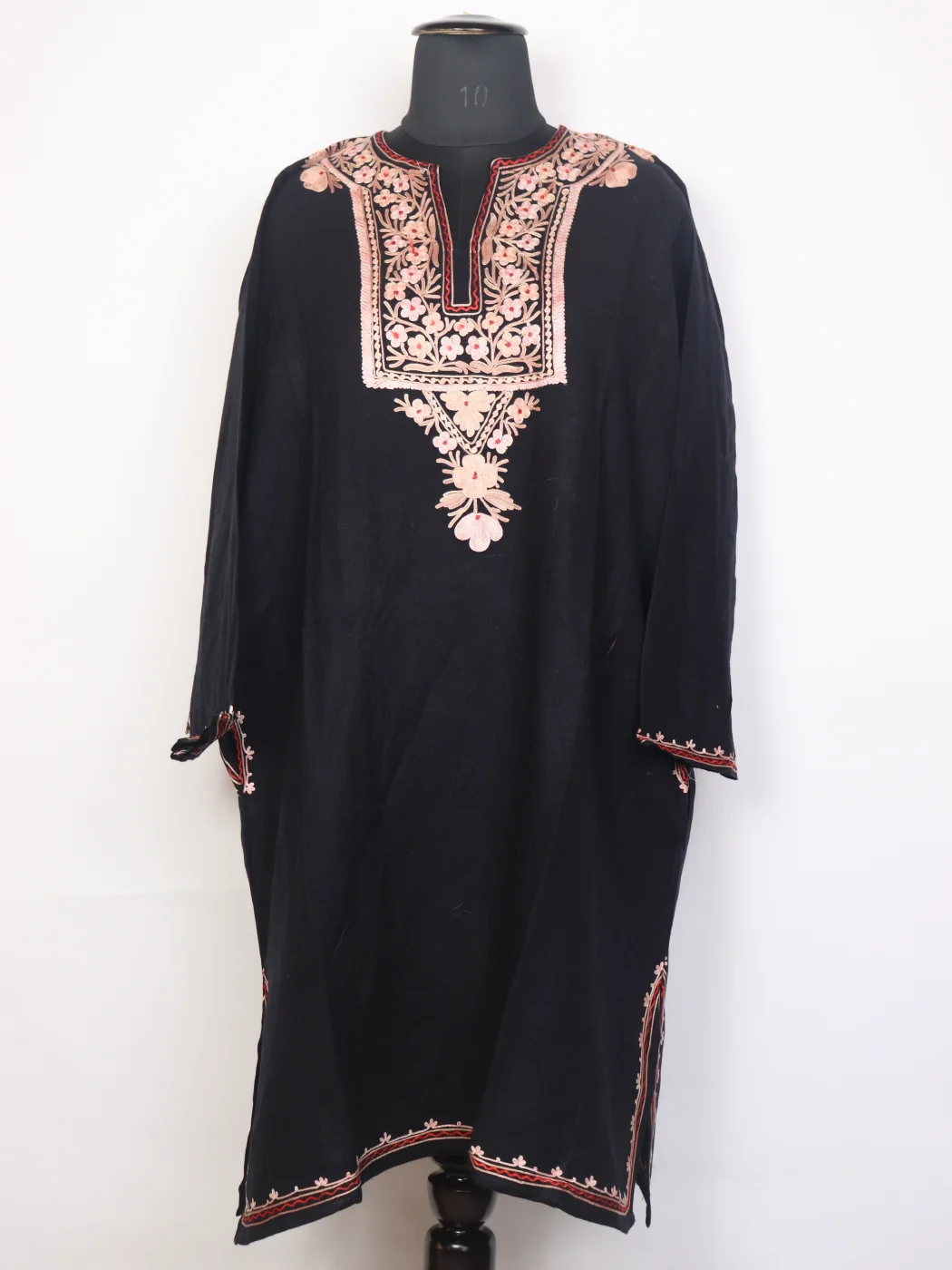 Nusrat Black Kashmiri Cashmilon Wool Pheran With Aari Embroidery