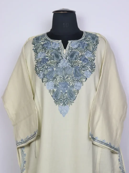 Nayaab Cream Kashmiri Cashmilon Wool Pheran For Women With Aari Kadhai - Image 2