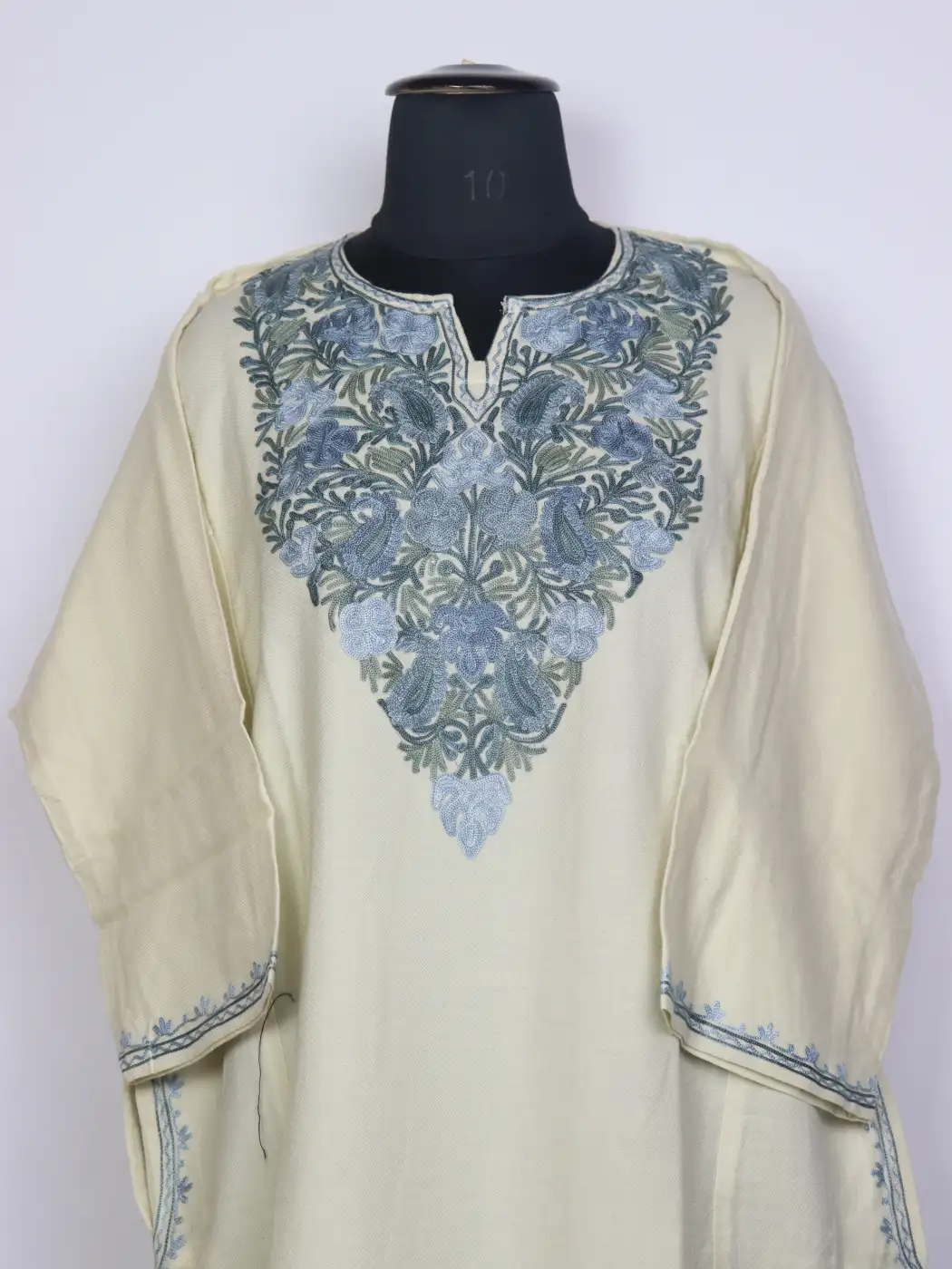 Nayaab Cream Kashmiri Cashmilon Wool Pheran For Women With Aari Kadhai - Image 2