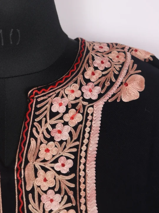 Nusrat Black Kashmiri Cashmilon Wool Pheran With Aari Embroidery - Image 3