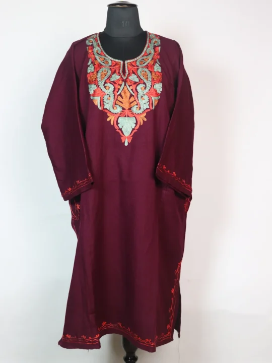 Wine Kashmiri Pheran Cashmilion Wool Comes Aari Embroidery Janisaar