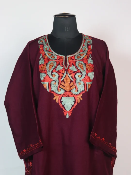 Wine Kashmiri Cashmilion Pheran With Aari Embroidery Janisaar - Image 2