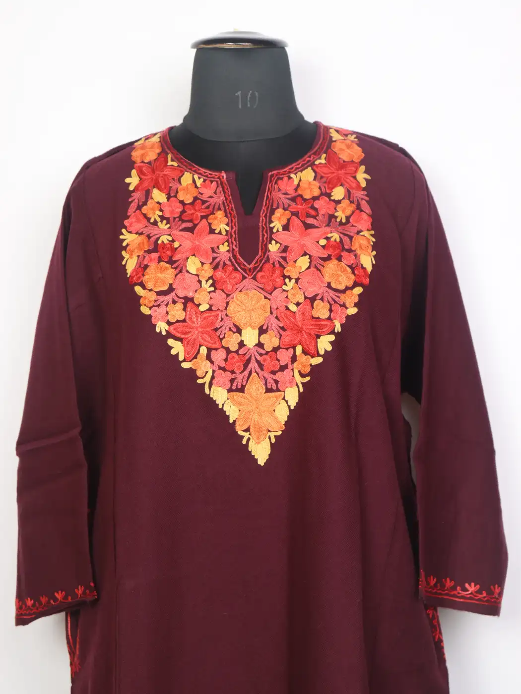Sunder Maroon Kashmiri Cashmilon Wool Pheran For Women With Aari Embroidery - Image 2