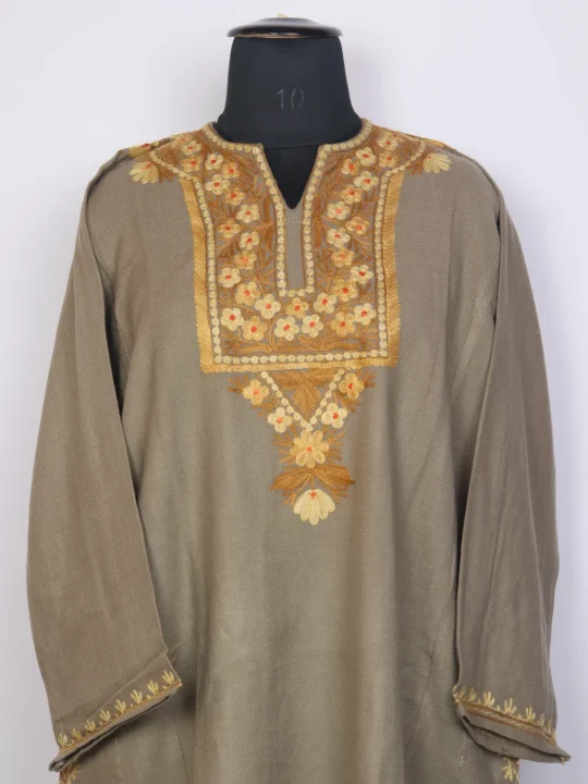 Nowsheen Grey Kashmiri Cashmilon Wool Pheran For Women With Aari Embroidery - Image 2