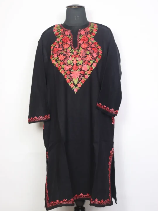 Suroor Black Kashmiri Cashmilon Wool Pheran For Women With Aari Kadhai