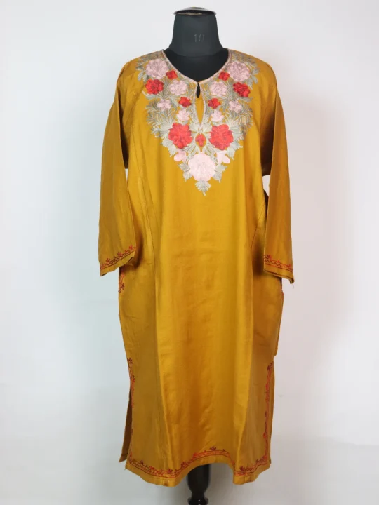 Yellow Kashmiri Pheran Cashmilion Wool Aari Kadhai Gulzar