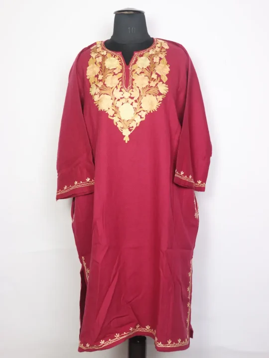 Pari Pink Kashmiri Cashmilon Wool Pheran For Women With Aari Work