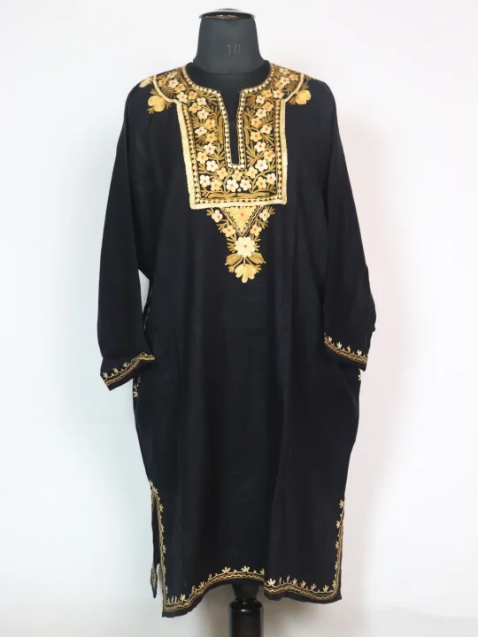 Black Kashmiri Pheran Cashmilion Wool Aari Embroidery Sobiya
