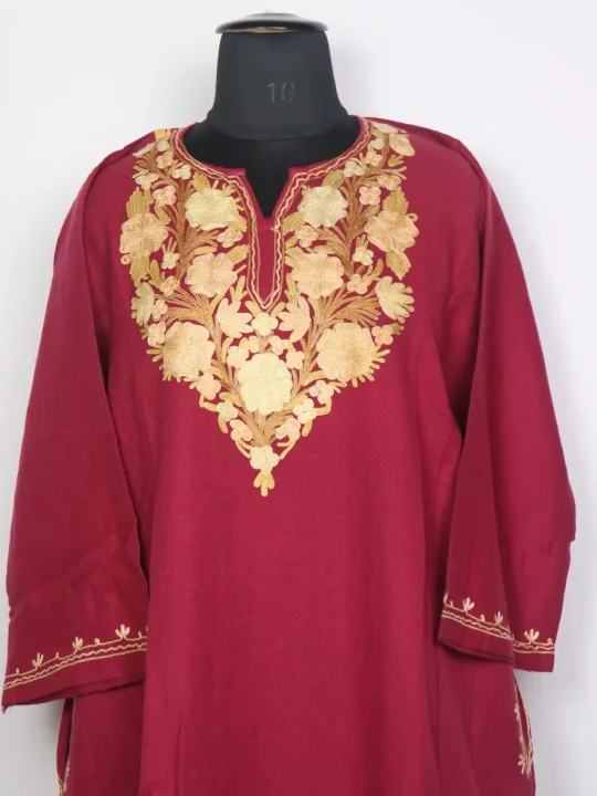 Pari Pink Kashmiri Cashmilon Wool Pheran For Women With Aari Work - Image 2