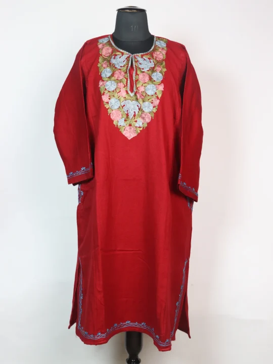 Red Kashmiri Pheran Cashmilion Wool Aari Kadhai Anabiya