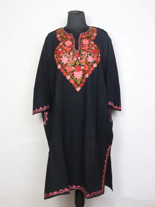 Sonamarg Black Kashmiri Cashmilon Wool Pheran For Women With Aari Embroidery