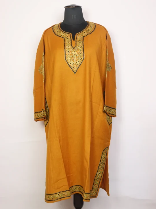 Mansoor Mustard Kashmiri Cashmilon Wool Womens Aari Work Pheran