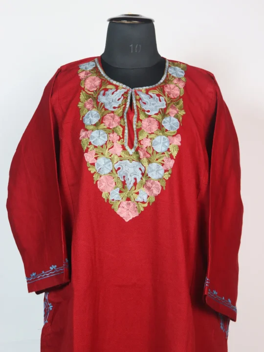 Red Kashmiri Pheran Cashmilion Wool Aari Kadhai Anabiya - Image 2