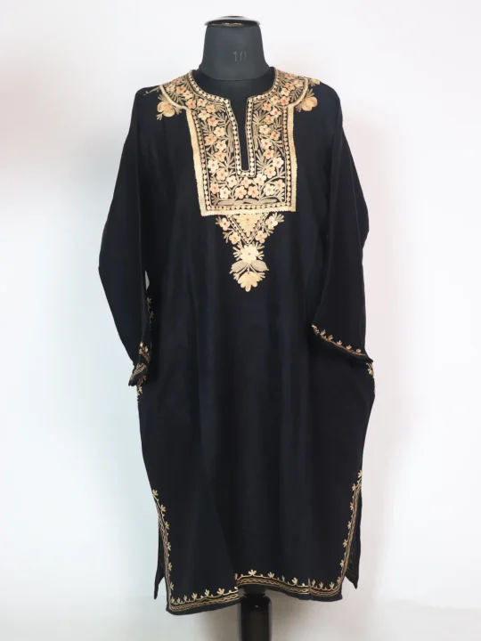 Black Kashmiri Cashmilon Wool Pheran Majnoo Aari Embroidery