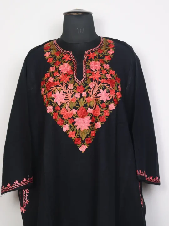 Sonamarg Black Kashmiri Cashmilon Wool Pheran For Women With Aari Embroidery - Image 2