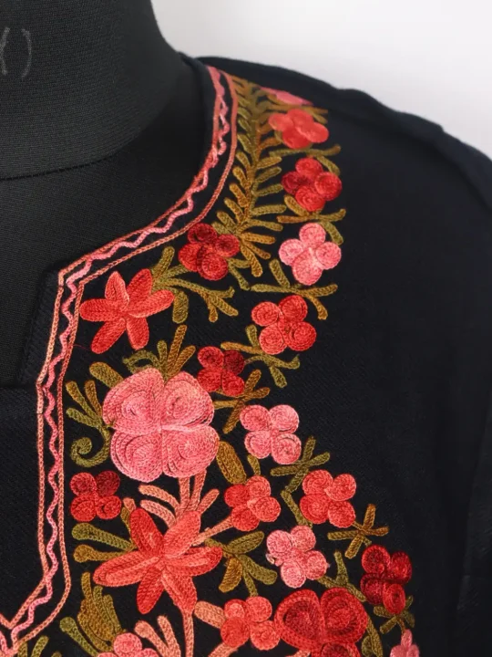 Sonamarg Black Kashmiri Cashmilon Wool Pheran For Women With Aari Embroidery - Image 3