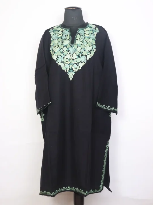 Barkat Black Kashmiri Cashmilon Wool Pheran For Women With Aari Kadhai