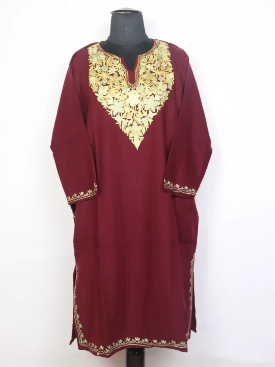 Marjaan Maroon Kashmiri Cashmilon Wool Pheran For Women With Aari Work